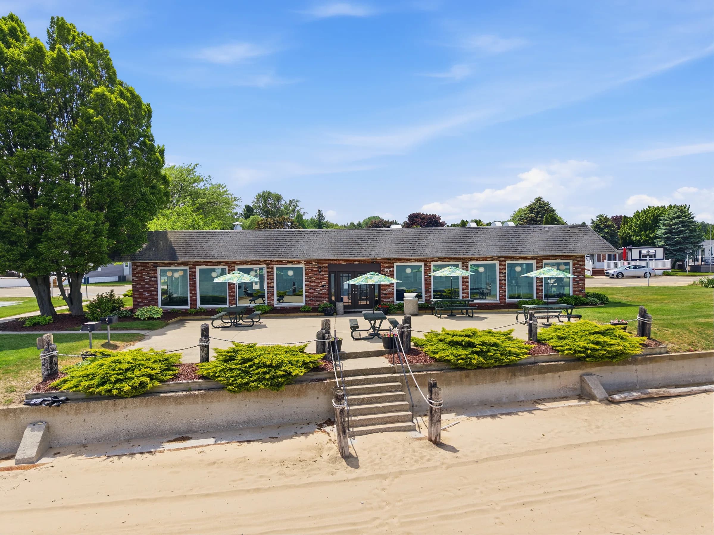 Huron Shores community center and beachfront grounds viewed from Lake Huron