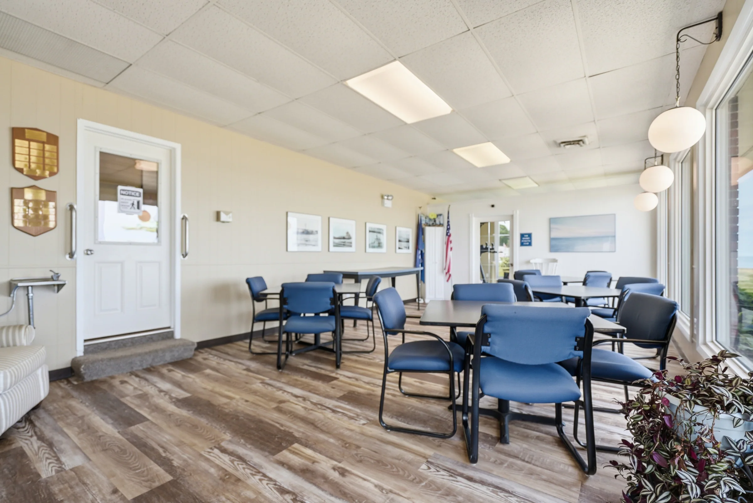 Bright gathering room in the Huron Shores community center
